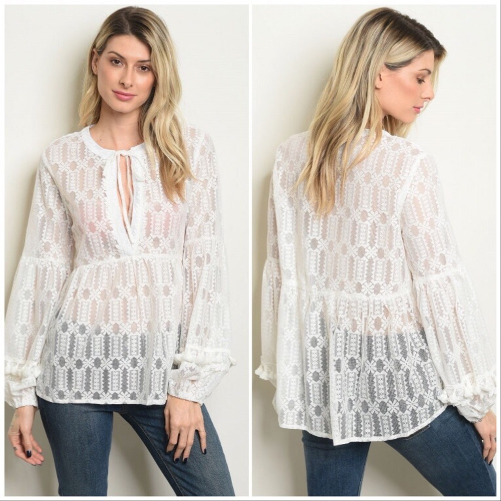 FLASH SALE !  Off White Tie Neck Boho Blouse